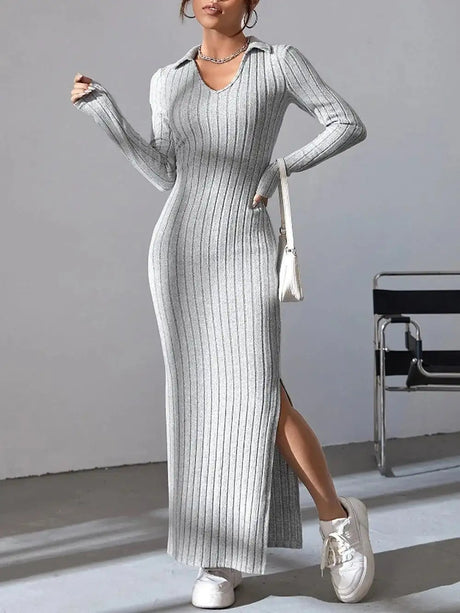 2024 Spring/Summer Knitted Dress Slim Fit Fashion Casual Women's Lapel Long sleeved Dress Concave Stripe Solid Color Long Dress - Lootquake