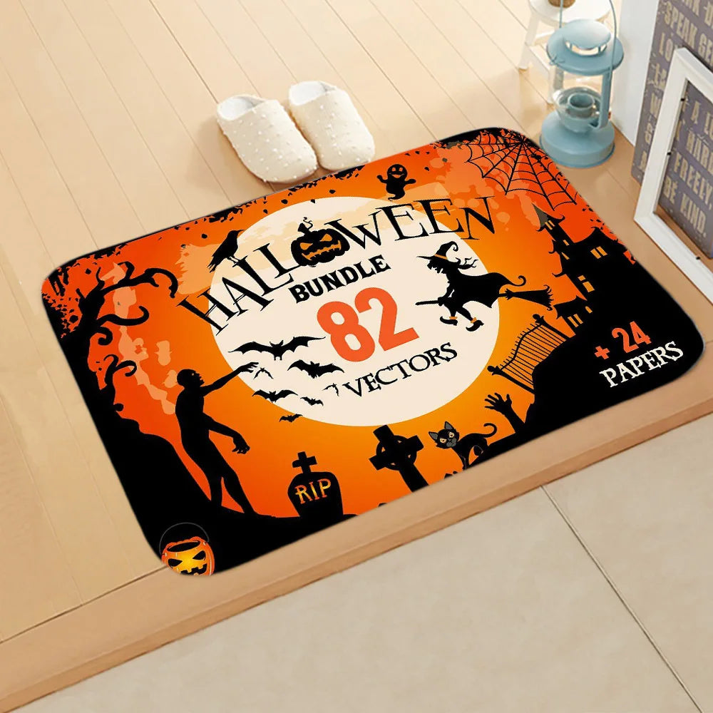 Halloween Theme  Pumpkin Witch Welcome Home Anti-Slip Door Mat Carpet  Decor Flannel Floor