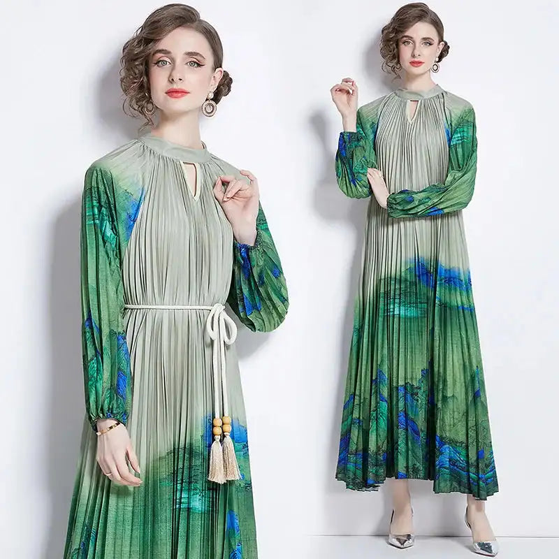 Spring Holiday Print Long Dress For Women Fashion Loose Lantern Sleeve Party Robe Female Big Swing Tassels Belt Pleated Clothes