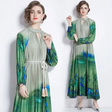 Spring Holiday Print Long Dress For Women Fashion Loose Lantern Sleeve Party Robe Female Big Swing Tassels Belt Pleated Clothes