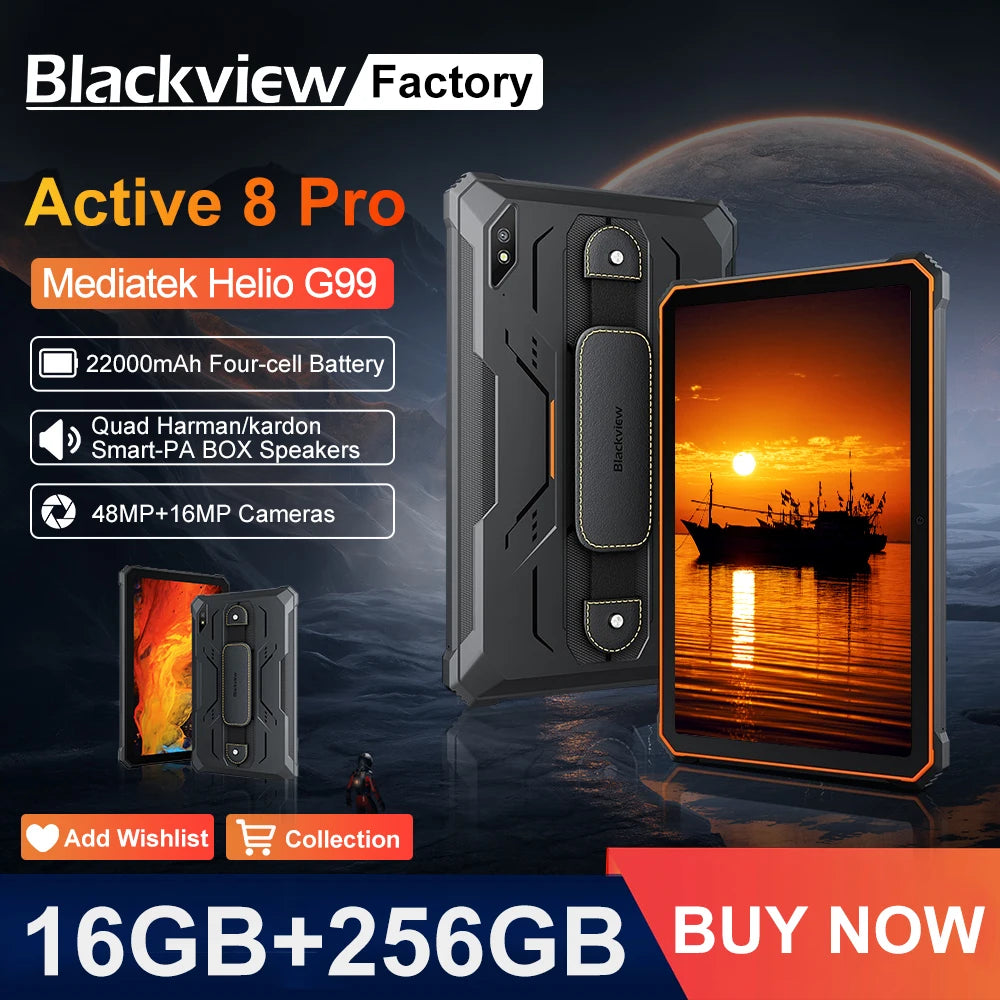 Tablette PC Blackview Active 8 Pro 16 Go 256 Go Batterie 22 000 mAh Android 13 Écran 2,4 K 10,36 pouces Caméra 16 Mpx + 48 Mpx Tablette robuste