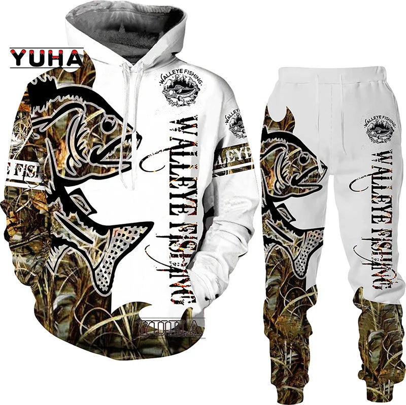 New 3D Fishing Art Print Casual Couple Hoodies Outfits Hip Hop Streetwear Hooded Sweatshirt+Sweat Pants Men's Tracksuit Set - Lootquake