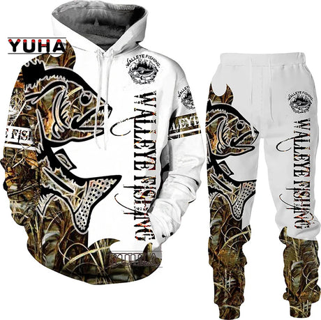 New 3D Fishing Art Print Casual Couple Hoodies Outfits Hip Hop Streetwear Hooded Sweatshirt+Sweat Pants Men's Tracksuit Set - Lootquake