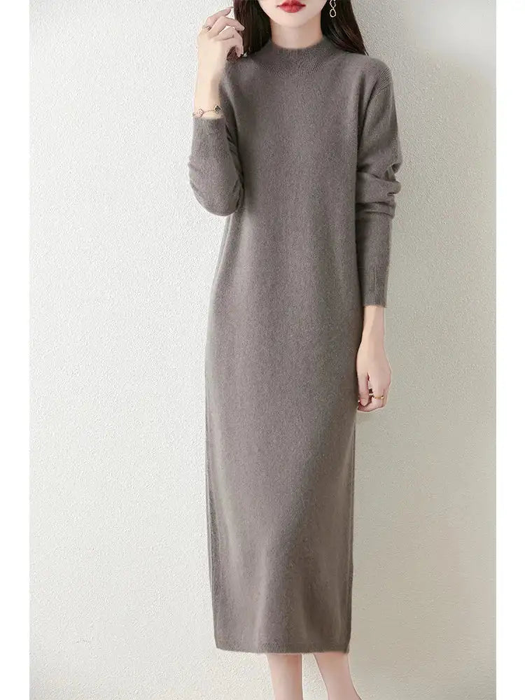 Autumn Winter Women's Wool Long Dress Cashmere Mock Neck Pullover Sweater 100% Merino Wool Soft Knitwear OL Simple Basic Dress - Lootquake