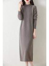Autumn Winter Women's Wool Long Dress Cashmere Mock Neck Pullover Sweater 100% Merino Wool Soft Knitwear OL Simple Basic Dress - Lootquake