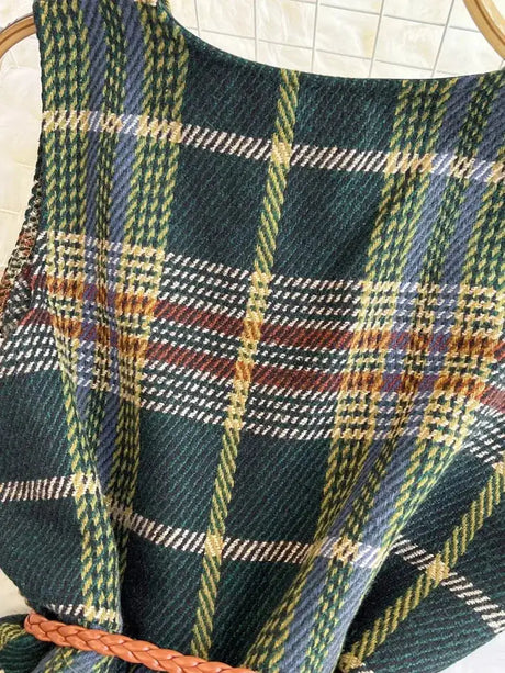 Autumn Winter Plaid Woolen Dress Women Vintage V Neck Sleeveless Long Dress With Belt Streetwear Sundress - Lootquake