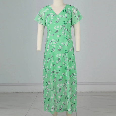 Vestidos Verano Moda 2024 Women's Swing Long Dress Chiffon Floral Short Sleeve Ruffle V Neck Fashion Waist Flowy Dress платье - Lootquake