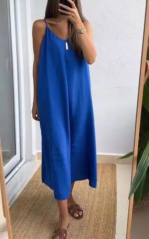 Summer Loose Spaghetti Strap Dresses Women Solid Color V-neck Casual Commuting Sleeveless Long Dress Female Fashion New Vestidos - Lootquake