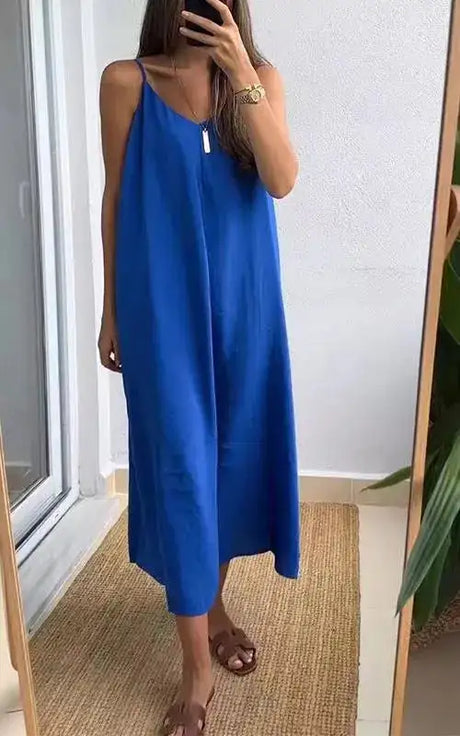 Summer Loose Spaghetti Strap Dresses Women Solid Color V-neck Casual Commuting Sleeveless Long Dress Female Fashion New Vestidos - Lootquake