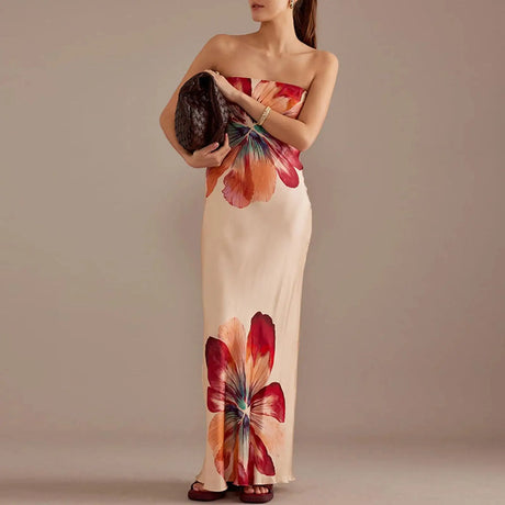 hirigin Women Y2K Floral Print Tube Maxi Dress Graphic Strapless Backless Long Dress Vintage Off Shoulder Summer Sundress - Lootquake