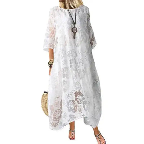 Women's Summer Round Neck Short Sleeve Lace Long Dress Vintage Handmade Hollow Flower Dress Lace Loose Casual Long Dress - Lootquake