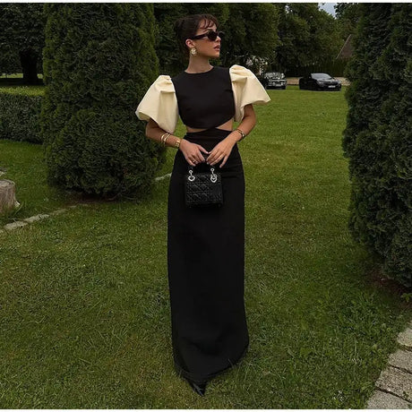 Elegant Puff Sleeve Long Dress For Women 2025 Sexy Hollow Out Waist Evening Party Dresses Female Vacation Lady Chic Beach Robe - Lootquake