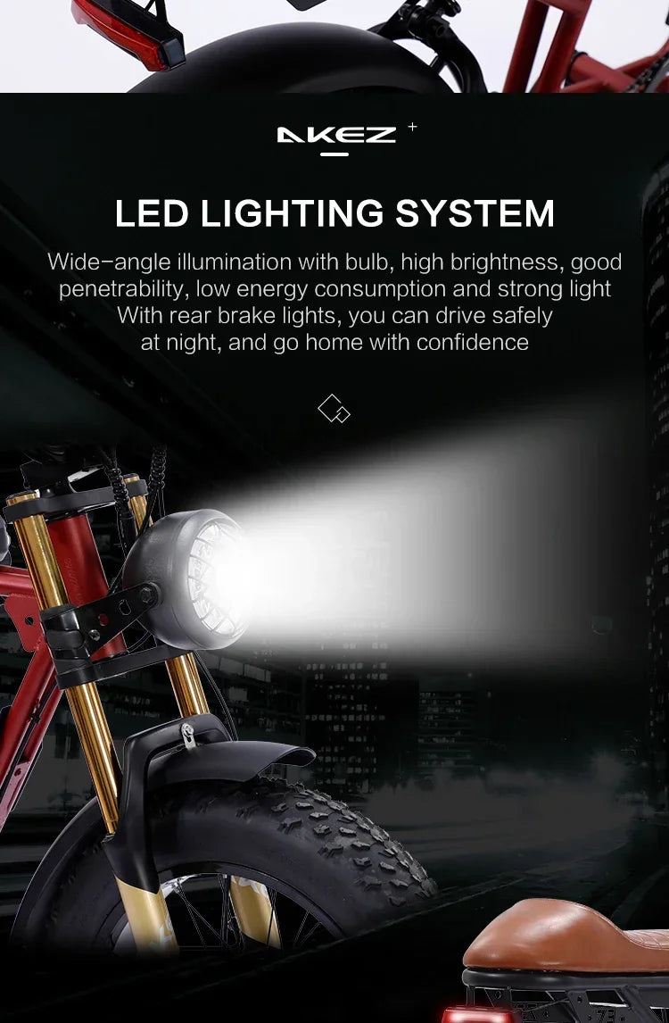 Bicicleta eléctrica de montaña plegable AKEZ, inteligente y potente, con suspensión total de litio de 1500 W, 26 Ah y 48 V, con neumáticos anchos.
