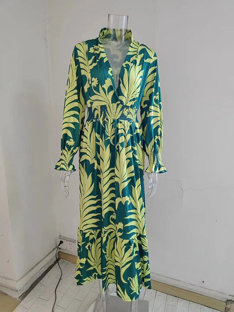 Europe And America Cross Border Autumn/Winter New Long Dress with Waist Pullover And Bohemian Print Long Sleeve Large Swing - Lootquake