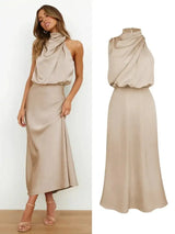 Vestido largo sin mangas de satén de seda de alta gama de verano para mujer, elegante vestido de noche para celebridades, ropa de fiesta para mujer