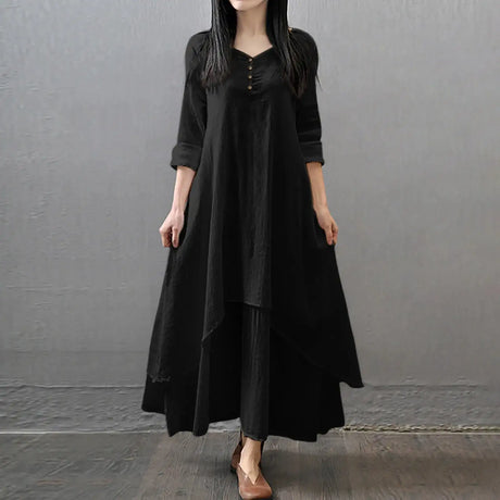 Women Elegant Linen White Dresses Bohemia Layering Vintage Robe Long Sleeve Loose Long Dress Female Autumn Vestidos - Lootquake