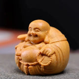 Home Decor Woodcarving Laughing Buddha Maitreya Sculpture Miniature Wooden Buddha Statue Craft Mini Handmade Statue Table Top