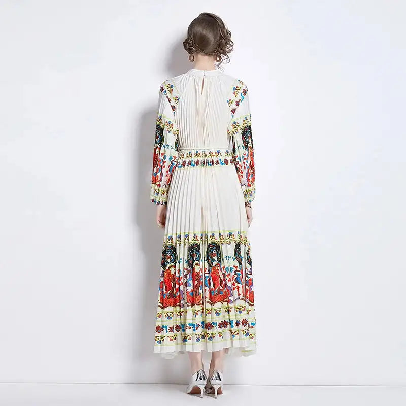 Spring Holiday Print Long Dress For Women Fashion Loose Lantern Sleeve Party Robe Female Big Swing Tassels Belt Pleated Clothes