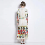 Spring Holiday Print Long Dress For Women Fashion Loose Lantern Sleeve Party Robe Female Big Swing Tassels Belt Pleated Clothes