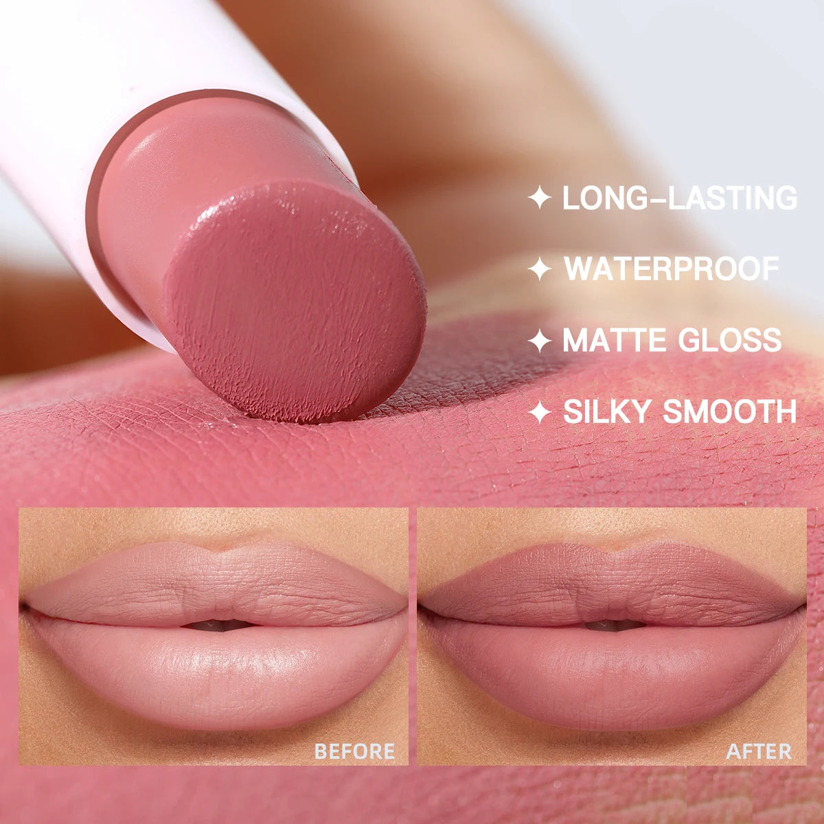 USHAS,Lipstick + lip liner set, matte finish, waterproof, long-lasting and non-staining, velvet nude lip gloss