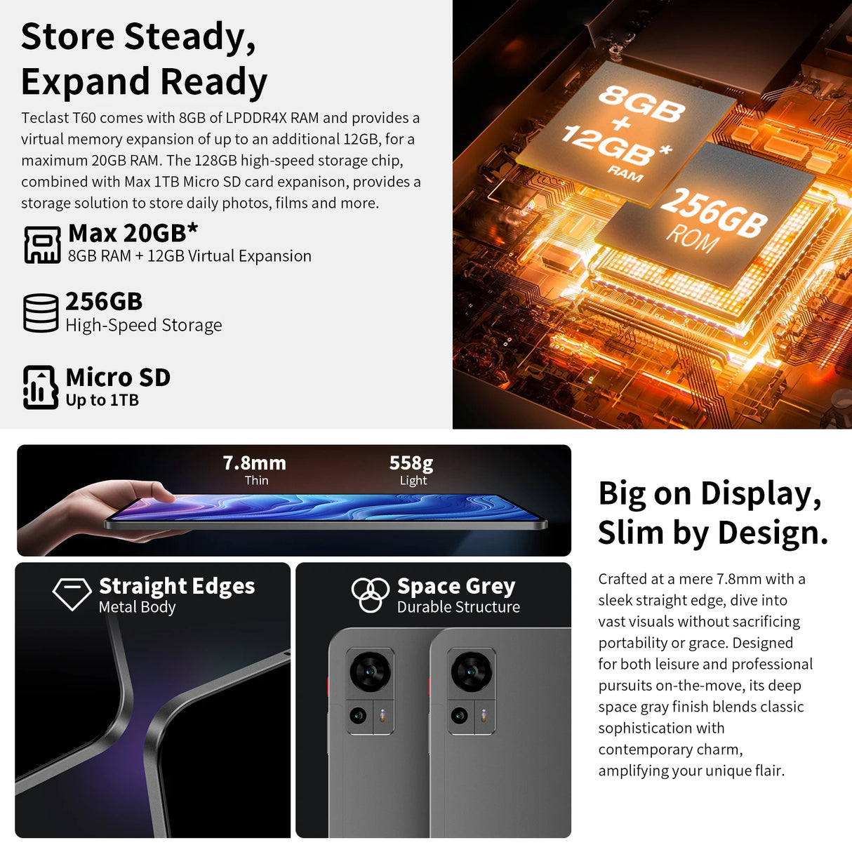 Écran extra large, tablette TECLAST T60, 12'' 2K FHD 2000x1200, Android 13, (8GB + 8GB) 16GB RAM, ROM 256GB, 8000mAh, charge rapide UNISOC T616 8 cœurs 4G VoLTE Wifi 13MP + 5MP