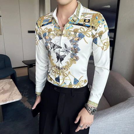 Vintage Long Sleeve Shirt Men Fashion Trendy Noble Printed Slim Mens Clothing Streetwear Autumn Mens Floral Shirts Plus Size 6XL - Lootquake