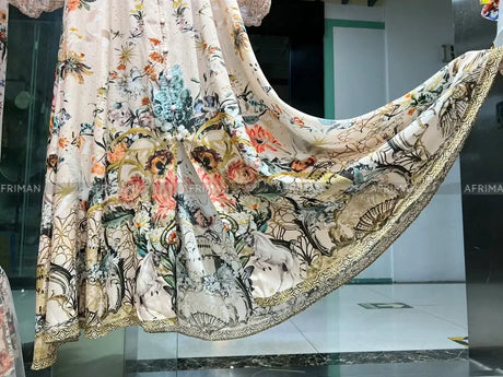 Women V Neck Lace Embroidery Patchwork Silk Floral Print Lantern Sleeve A-line Maxi Long Dress - Lootquake