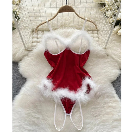 Red Christmas Sexy Lingerie Shawl Set Halter Jumpsuit Lace-up Cosplay Costume New In Women Clothes Skinny Bodysuit Suit Hotsweet - Lootquake