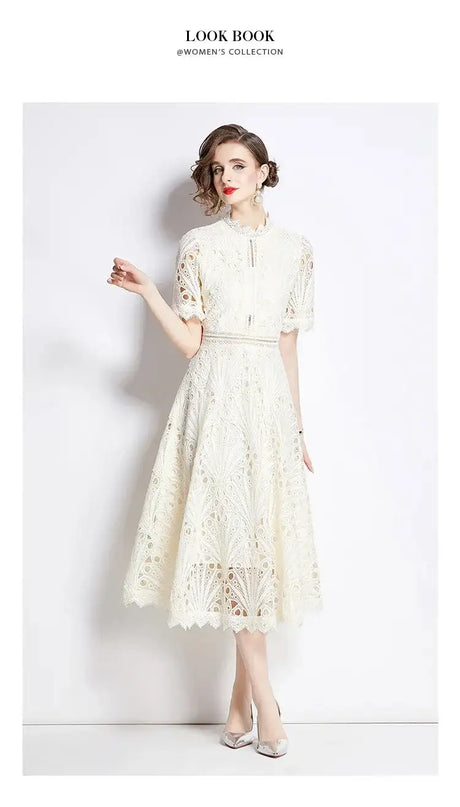 SMTHMA Vintage High-End O-Neck Short Sleeve Lace Hollow Out Dress For Women's Summer Slim Elegant Long Dress Female Clothing - Lootquake