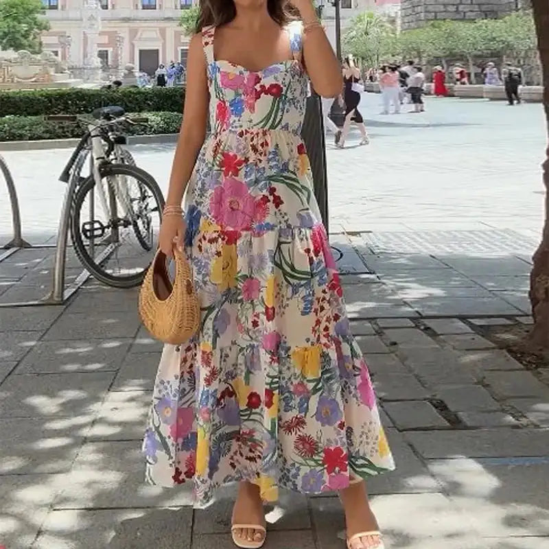 Ellafads Long Dress Women Summer Sweet Elegant Suspender Sleeveless Multicolor Printed Nipped Waist Evening Party Long Dresses - Lootquake