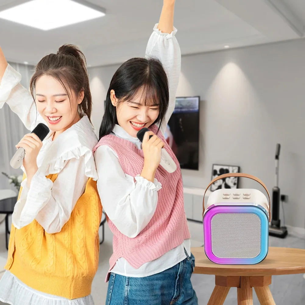 Máquina de karaoke Bluetooth 5.3 con micrófono inalámbrico y luces LED ajustables, mini altavoz para niños y adultos.