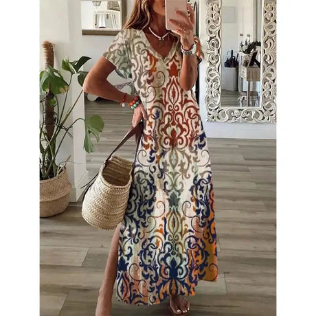 2024 Vintage Floral Elegant Maxi Dress For Women Summer Fashion V Neck Short Sleeve Split Boho Long Dress Party Beach Dresses - Lootquake