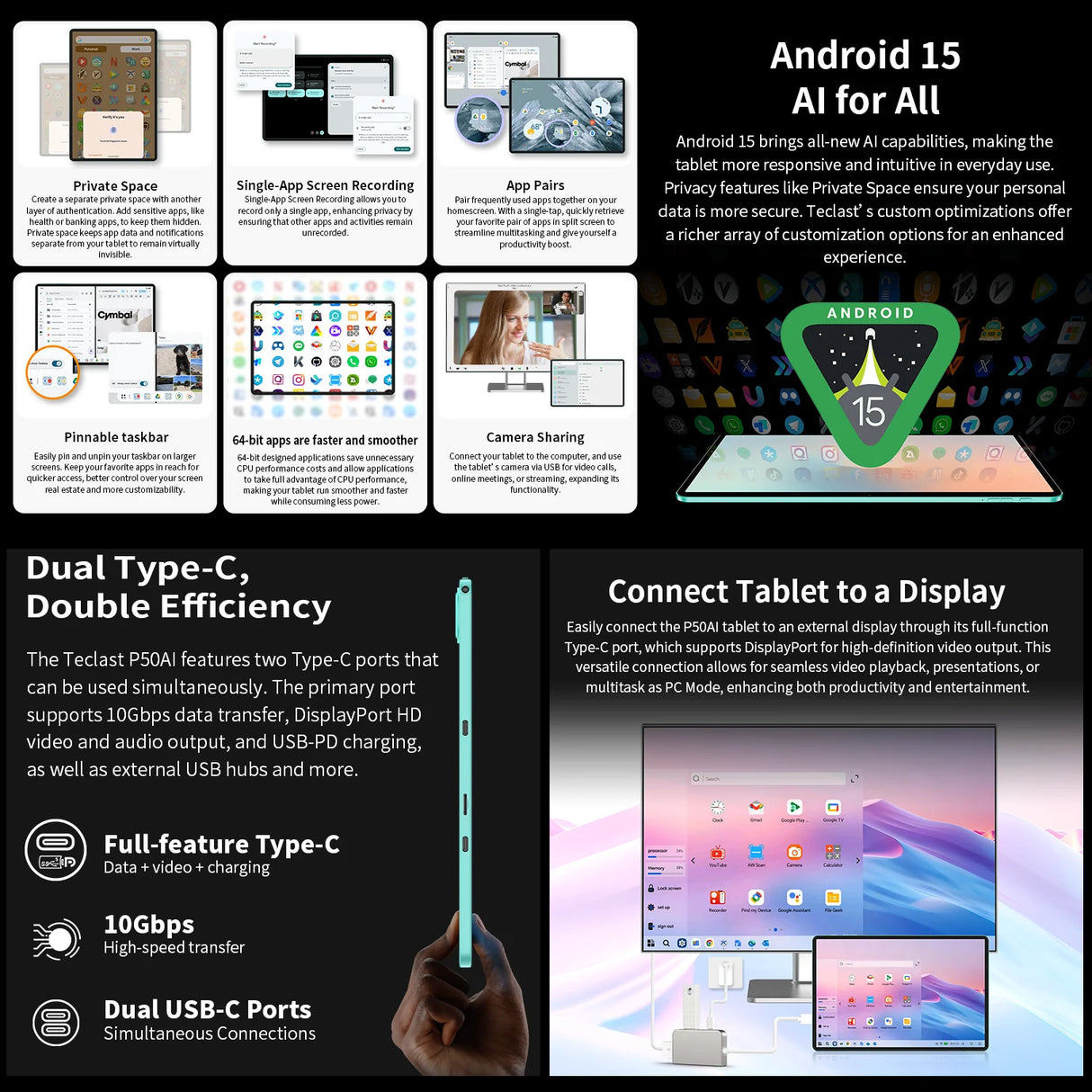【Nouveau】 Tablette Android 15 Teclast P50Ai 11 pouces 90 Hz (6 Go + 10 Go) Max. 16 Go de RAM 128 Go Lpddr5 1280X800 Allwinner A733-Ai Octa-Core 7000 Mah Batterie Wifi-6 BT 5.4 Ai Tablettes PC