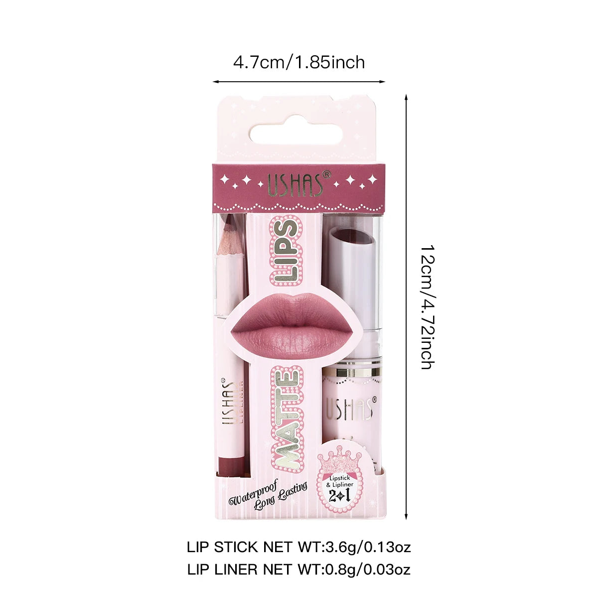USHAS,Lipstick + lip liner set, matte finish, waterproof, long-lasting and non-staining, velvet nude lip gloss