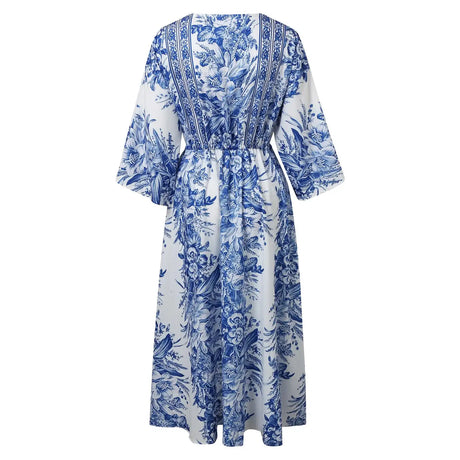 2025 Boho Print Half Sleeve Long Dress Women Fashion Japanese Kimono Lace-Up Robe Summer Sundress Holiday Beach Dress Vestidos - Lootquake