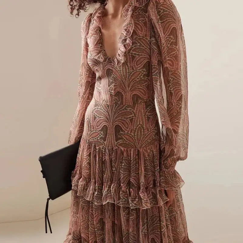 2024 Autumn Casual Bohemia Dresses Elegant V-neck Ruffled High Waist Evening Dress Women Fashion Printed Mesh Pleated Long Dress - Lootquake