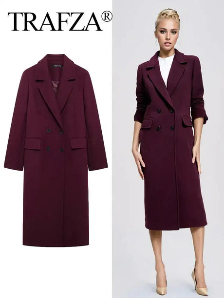 TRAFZA 2024 Women's Autumn Vintage Windbreaker Long Sleeves Lapel Double Breasted Solid Color  With Fake Pockets Fashion Coats - Lootquake