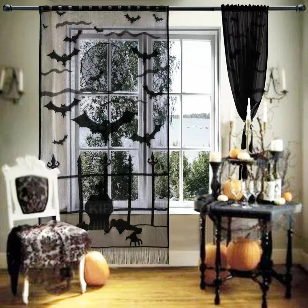 Halloween Window Decorations Halloween Door Curtain Skeleton & Bat Black Lace Panel for Haunted House Decor