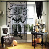 Halloween Window Decorations Halloween Door Curtain Skeleton & Bat Black Lace Panel for Haunted House Decor