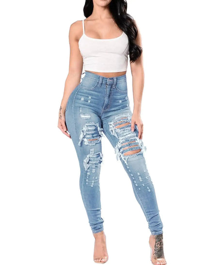 2023 Autumn High Waist Ripped Jeans For Women Fashion Stretch Skinny Denim Pencil Pants Casual Slim Trousers S-3XL - Lootquake