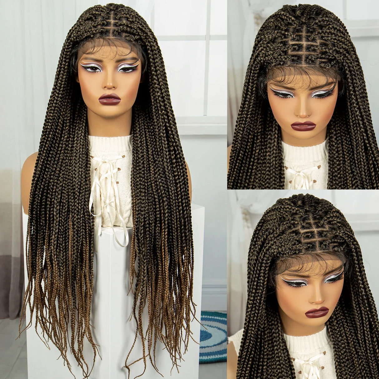 36" Burgundy Knotless Box Braids Wig | 9x6 Lace Front | Baby Hair