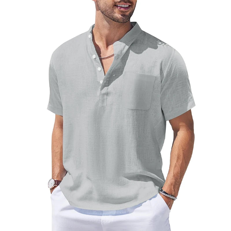 New Mens Henley Short Sleeve Casual Shirt Summer Cotton Shirts Beach Shirts Banded Collar Tshirts lightweight Shirts with Pocket - Lootquake