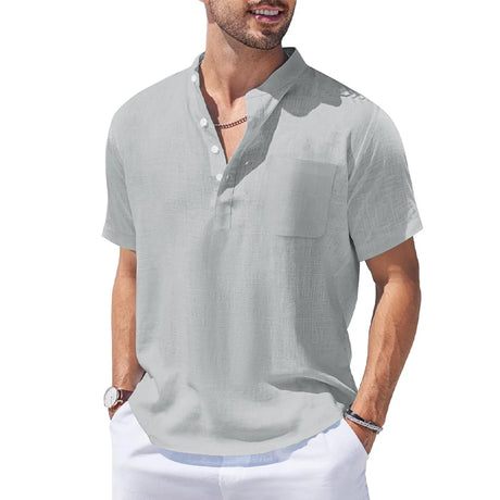 New Mens Henley Short Sleeve Casual Shirt Summer Cotton Shirts Beach Shirts Banded Collar Tshirts lightweight Shirts with Pocket - Lootquake