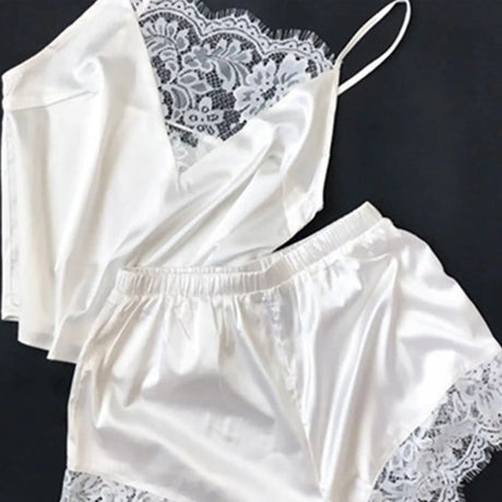 Women Sleepwear Satin Sexy Lace Pajamas Set Female Elegant Sleeveless Top And Shorts Nightgowns Bathing Suit Underwear Canisa - Lootquake