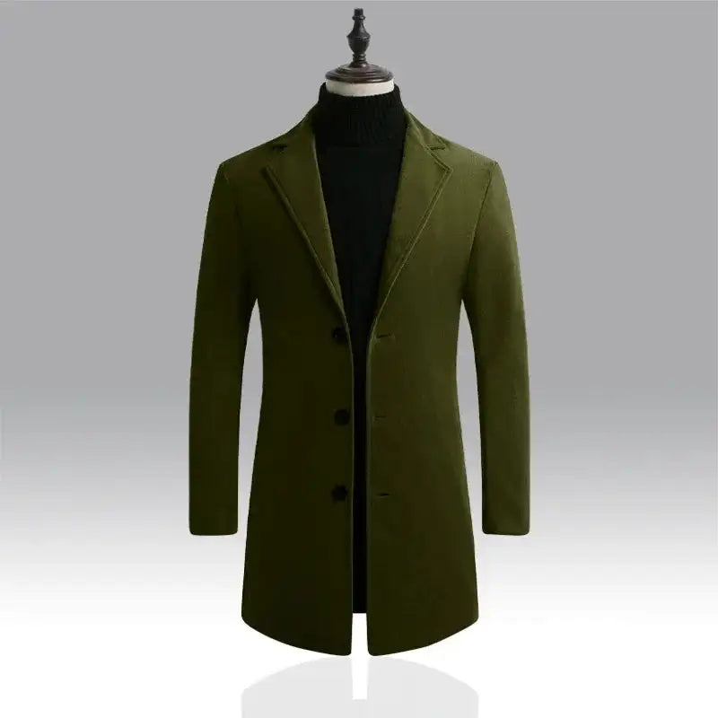 2024 Spring Autumn New Long Cotton Coat New Wool Blend Pure Color Casual Business Fashion Men's Clothing Slim Windbreaker Jacket - Lootquake