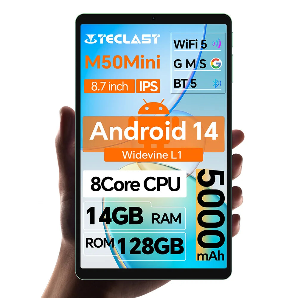 Teclast M50Mini, tablette 8,7 pouces, 8 cœurs, Android 14, appels 4G, (6 Go + 10 Go), 16 Go de RAM, 128 Go de ROM, 1340 x 800, Unisoc T606, 13 Mpx + 5 Mpx