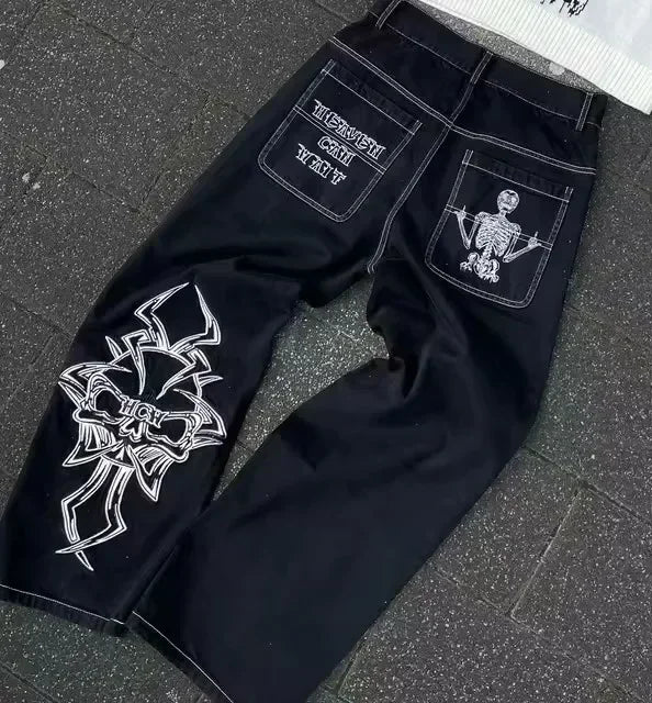 American Retro Jeans Y2K Men Women Harajuku Hip Hop Gothic Retro Pocket Embroidered Blue Baggy Jeans Low Waist Wide Leg Trousers - Lootquake