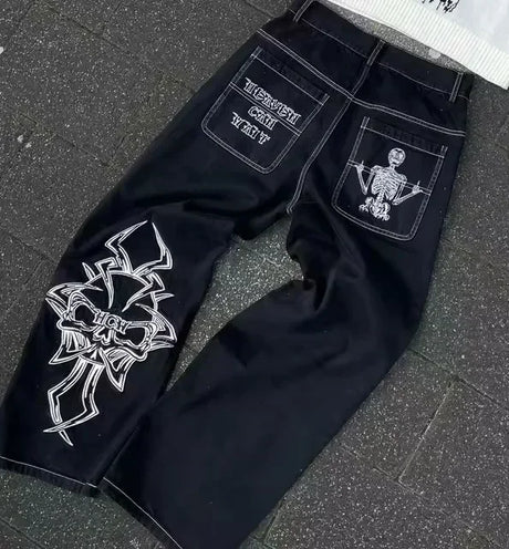 American Retro Jeans Y2K Men Women Harajuku Hip Hop Gothic Retro Pocket Embroidered Blue Baggy Jeans Low Waist Wide Leg Trousers - Lootquake