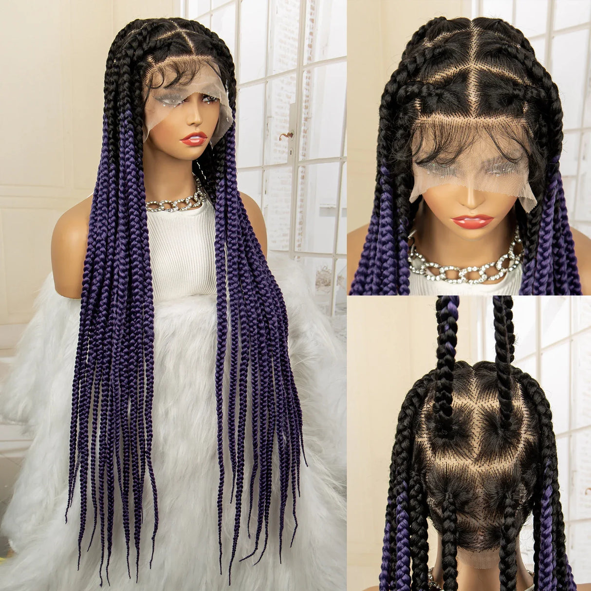 36" Big Knotless Box Braided Full Lace Wig | Cornrow Braiding Wig | Baby Hair | Synthetic Braids | For Women