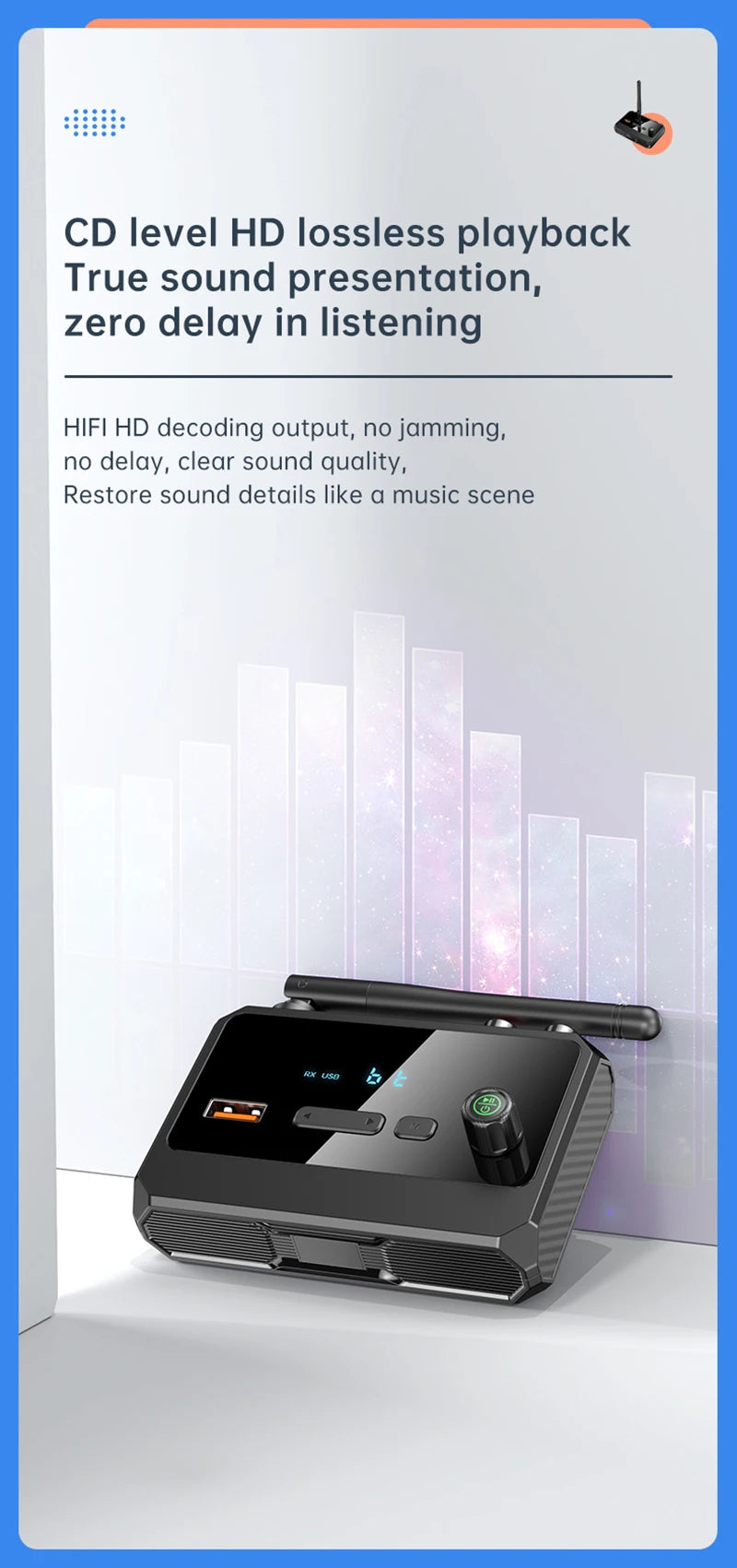 Receptor de audio Bluetooth 5.3 compatible con USB U-Disk Play, adaptador inalámbrico R/L, 2 RCA/3,5 mm AUX/fibra óptica para altavoz de kit de coche.